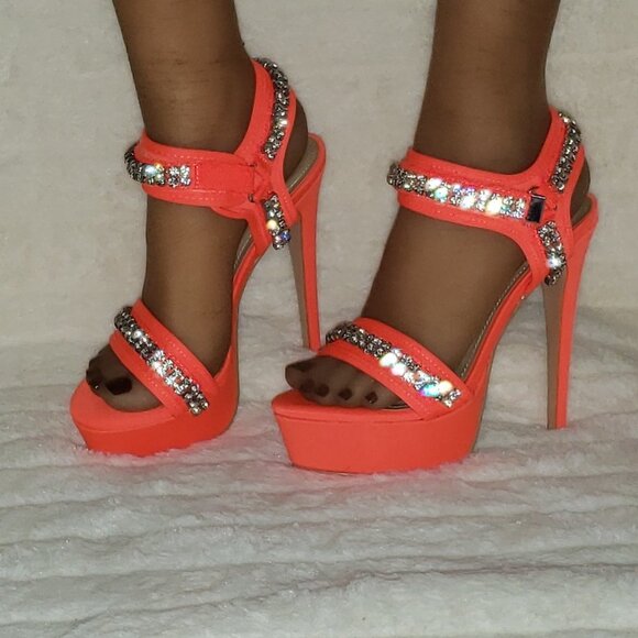 Genius Neon Orange Neoprene High Heel Platform Harness Shoes - Picture 3 of 12